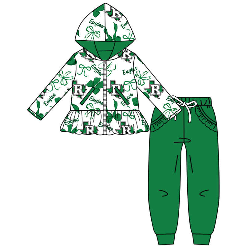 Custom moq 5 mix size milk silk summer teams baby girls clothes bow green hooded long sleeve pants sets and dress and top and hooded top and pant-25.8.13