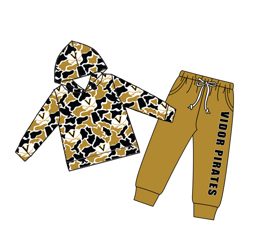 Custom moq 5 mix size teams Baby Boy Casual Camo Hooded Top Drawstring Pants Set with Pockets