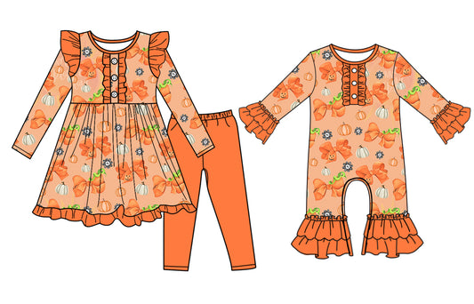 25.7.1 custom each style moq 5eta 4-6week Sibling Sisters bow pumpkin baby girl long sleeve pants sets and rompers match family design