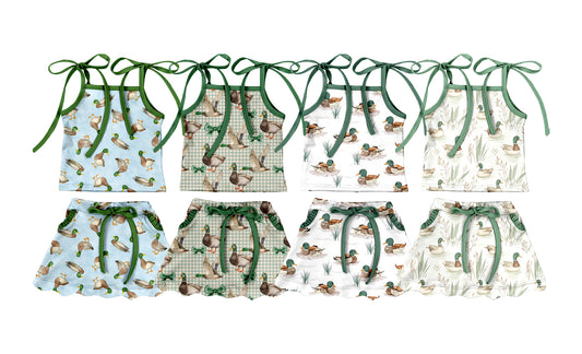 3.23 Custom moq 5 mix size Sibling Baby Girls Duck Strap Top Skirts Sets Summer Outfit