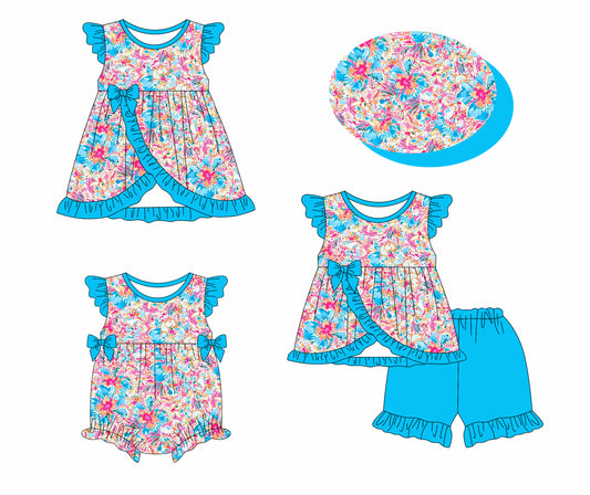 1.14 custom each style moq 5eta 4-6week Sibling Sisters floral pattern baby girl short sleeve shorts sets and dress and rompers match family design