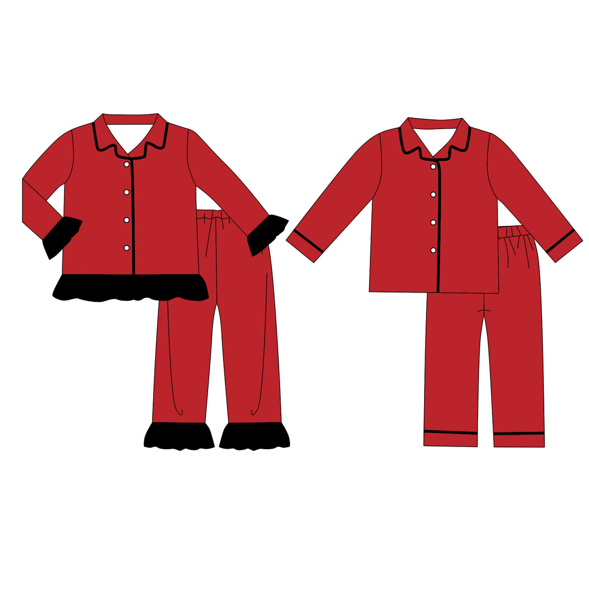 custom moq 5 mix size Baby Boys And Girls Wine Red Collared Button Down Long Sleeve Top Pant Pajama Set Black Ruffle Trim Sleepwear