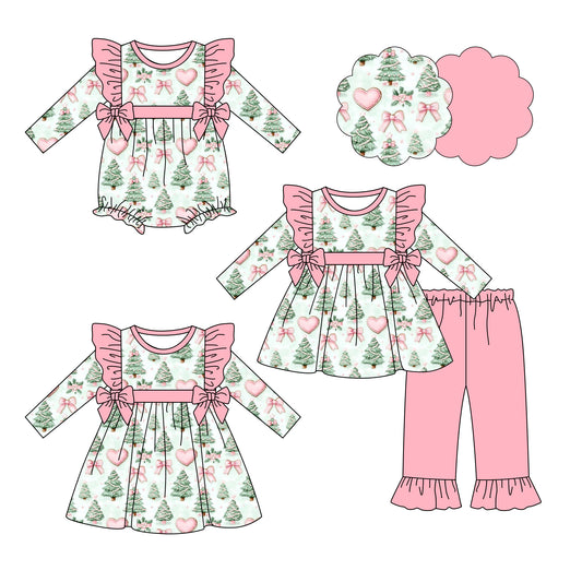 25.7.3 custom each style moq 5eta 4-6week Sibling Sisters Christmas tree bow baby girl long sleeve pants sets and dress and rompers match family design