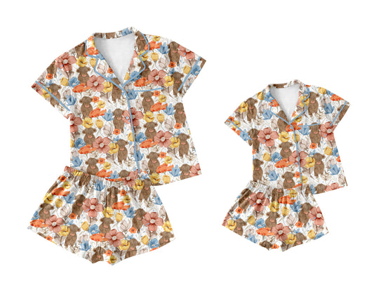3.28 custom each style moq 5eta 4-6week Sibling Sister bow alpine floral short sleeve shorts sets and adult sets match design