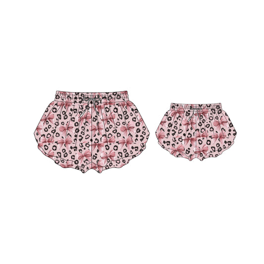 26.1.5 custom each style moq 5eta 4-6week Sibling Sister leopard bow adult clothes and kids shorts and adult shorts match design