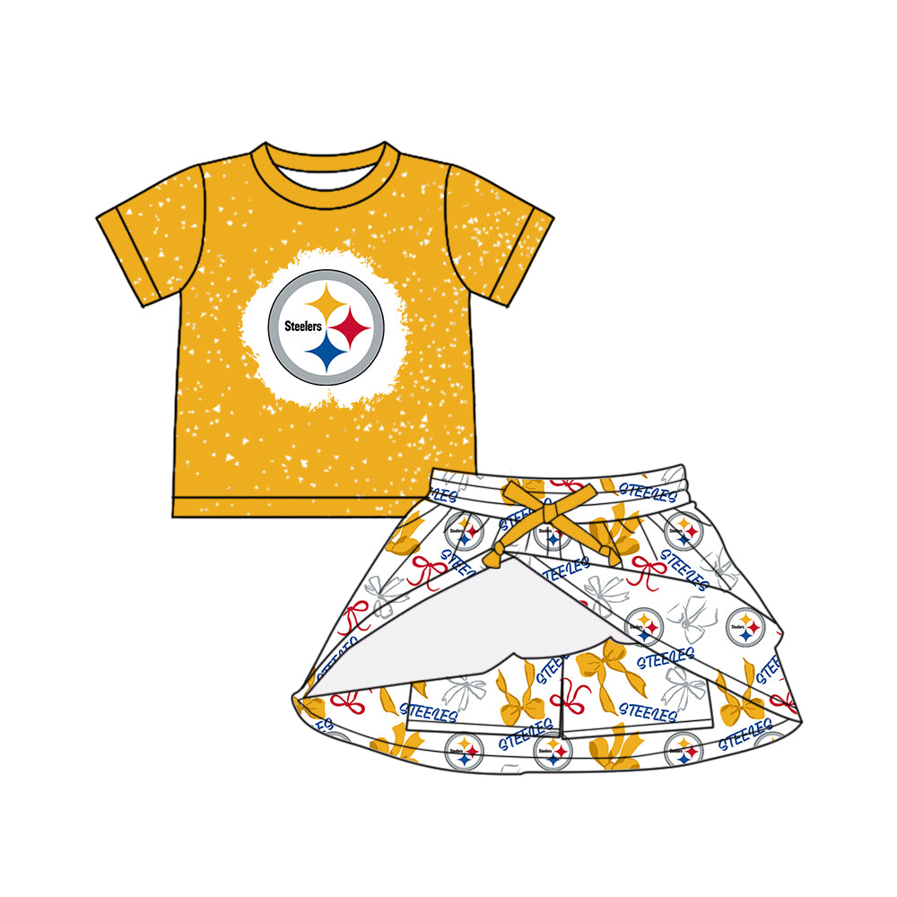 Custom moq 5 mix sizes summer teams baby girls clothes team yellow short sleeve skirts shorts sets 1 and skirts sets 2 and dress 1 and dress 2 and dress 3 and dress 4-25.6.5
