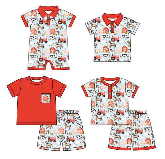 4.7 custom each style moq 5eta 4-6week Sibling Sister farm animal baby boy sets 1 and sets 2 and boy rompers and top match family design