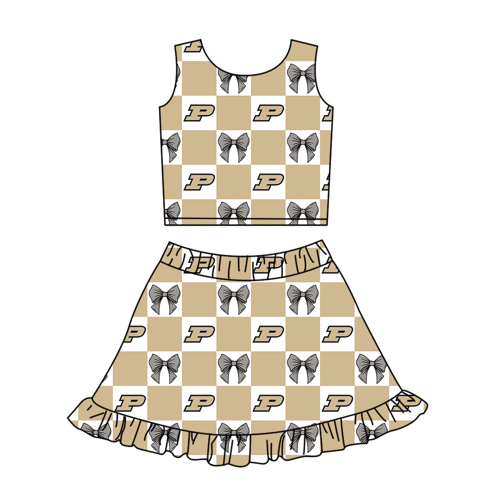 Custom moq 3 or 5 mix size milk silk summer teams baby girl clothes bow khaki sleeveless skirts sets-26.1.23