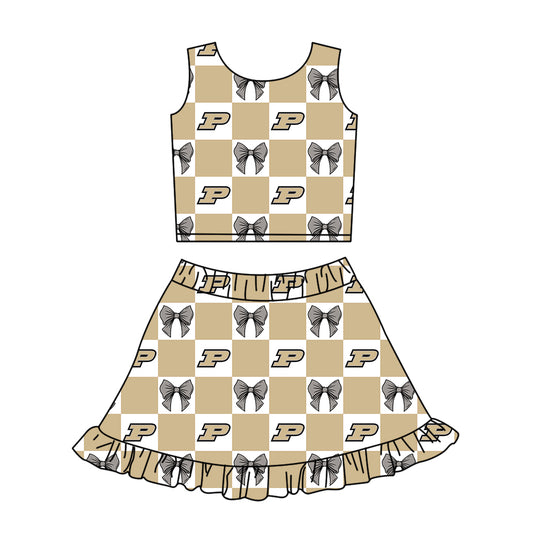 Custom moq 3 or 5 mix size milk silk summer teams baby girl clothes bow khaki sleeveless skirts sets-26.1.23