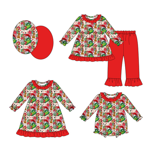 25.7.30 custom each style moq 5eta 4-6week Sibling Sisters Christmas red baby girl long sleeve pants sets and dress and rompers match family design