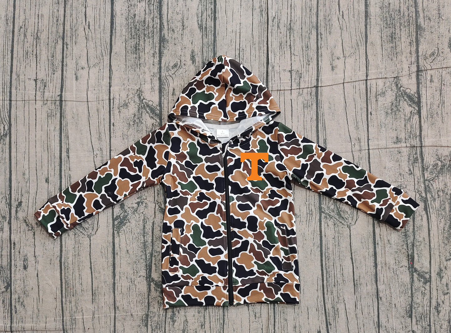 Custom moq 5 mix size milk silk baby boys clothes team summer camouflage zipper hooded long sleeve top-25.11.22