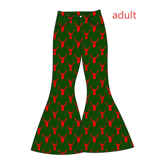 6.10 custom each style moq 5eta 4-6week adult clothes Christmas deer adult womens bell bottoms pant jeans pant