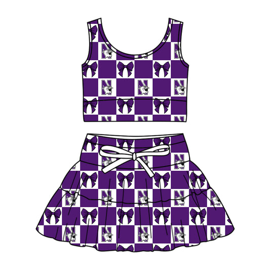 Custom moq 3 or 5 mix size milk silk summer teams baby girl clothes bow purple sleeveless skirts sets-26.1.22