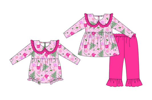 25.5.15 custom each style moq 5eta 4-6week Sibling Sisters Christmas trees baby girl long sleeve pants sets and rompers match family design