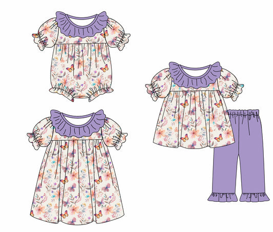 4.26 custom each style moq 5eta 4-6week Sibling Sisters butterfly baby girl short sleeve pants sets and dress and rompers match family design