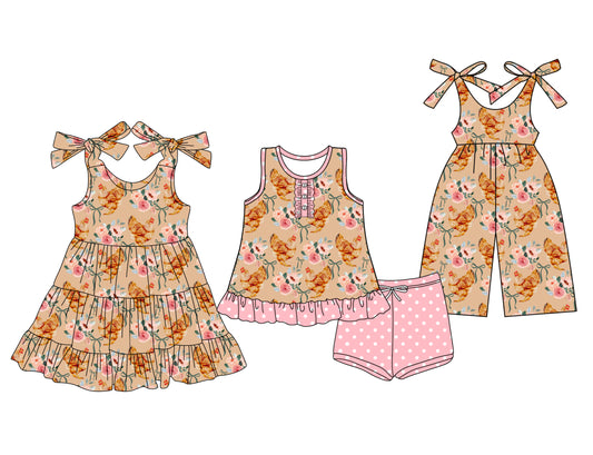 4.10 custom each style moq 5eta 4-6week Sibling Sister floral baby girl short sleeve shorts sets and dresses and jumpsuit match design