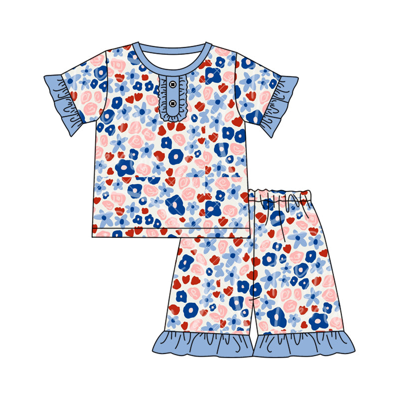 25.11.28 custom each style moq 5 eta 6-8week Sibling Sisters flag bow baby girl clothes short sleeve shorts sets 4 match family design
