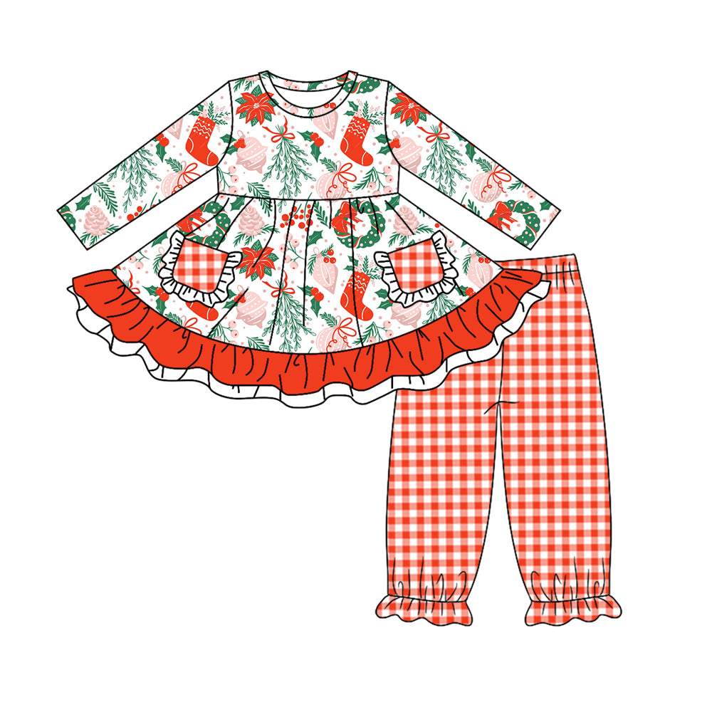 6.4 custom each style moq 5eta 4-5week Sibling Sister Christmas red grid girls outfits and dress and baby romper and jumpsuit match family design