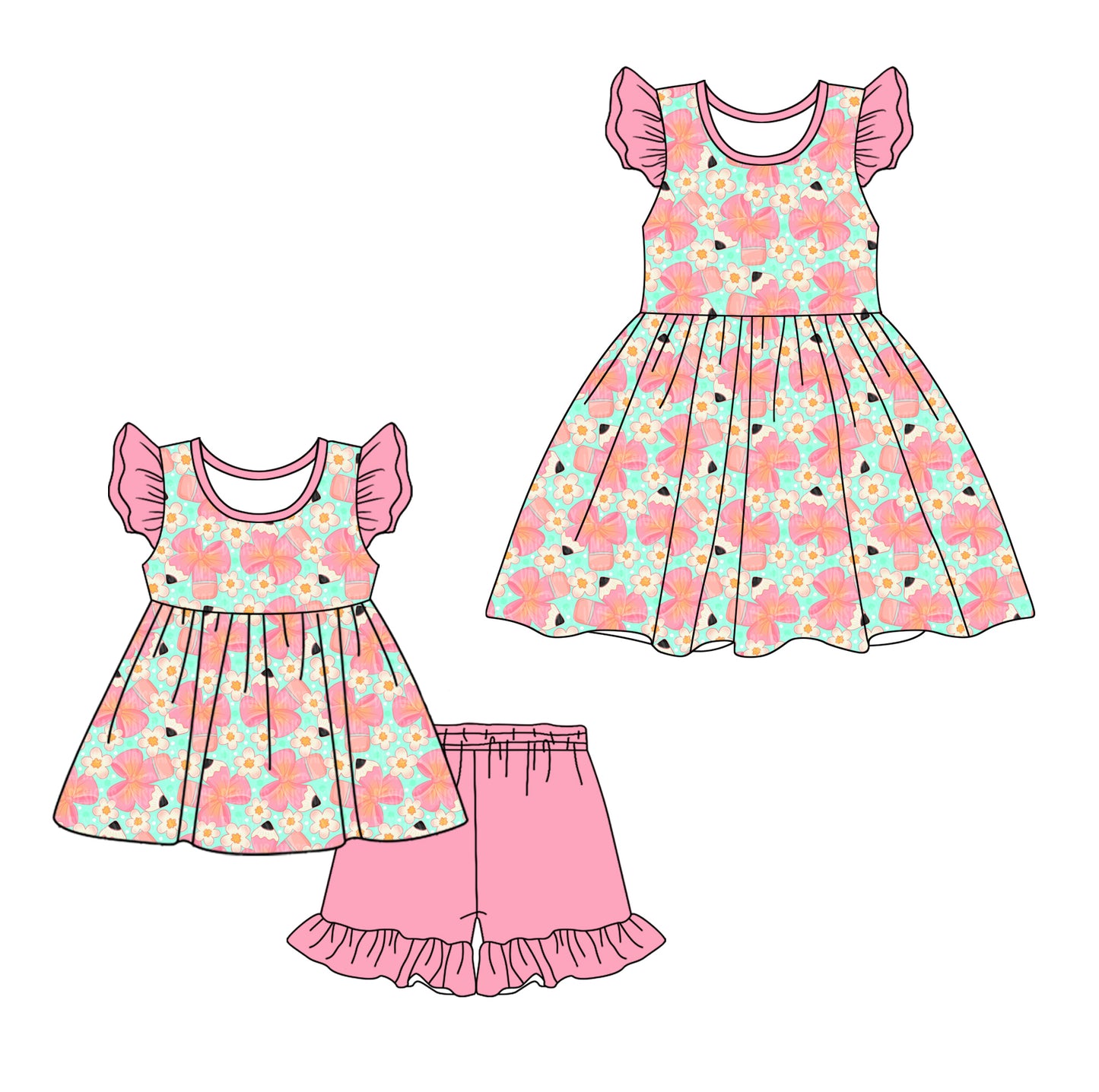 3.11 Custom moq 5 mix size Sibling Baby Girl's Floral Flutter Sleeve Top And Shorts Set Matching Cute Dress for Summer