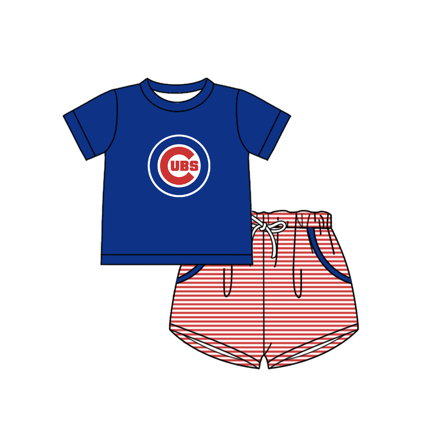 Custom moq 5 mix size milk silk summer teams Baby Boys And Girls Blue Short-Sleeved Shirt And Shorts Set Matching Striped Rompers Outfit Set