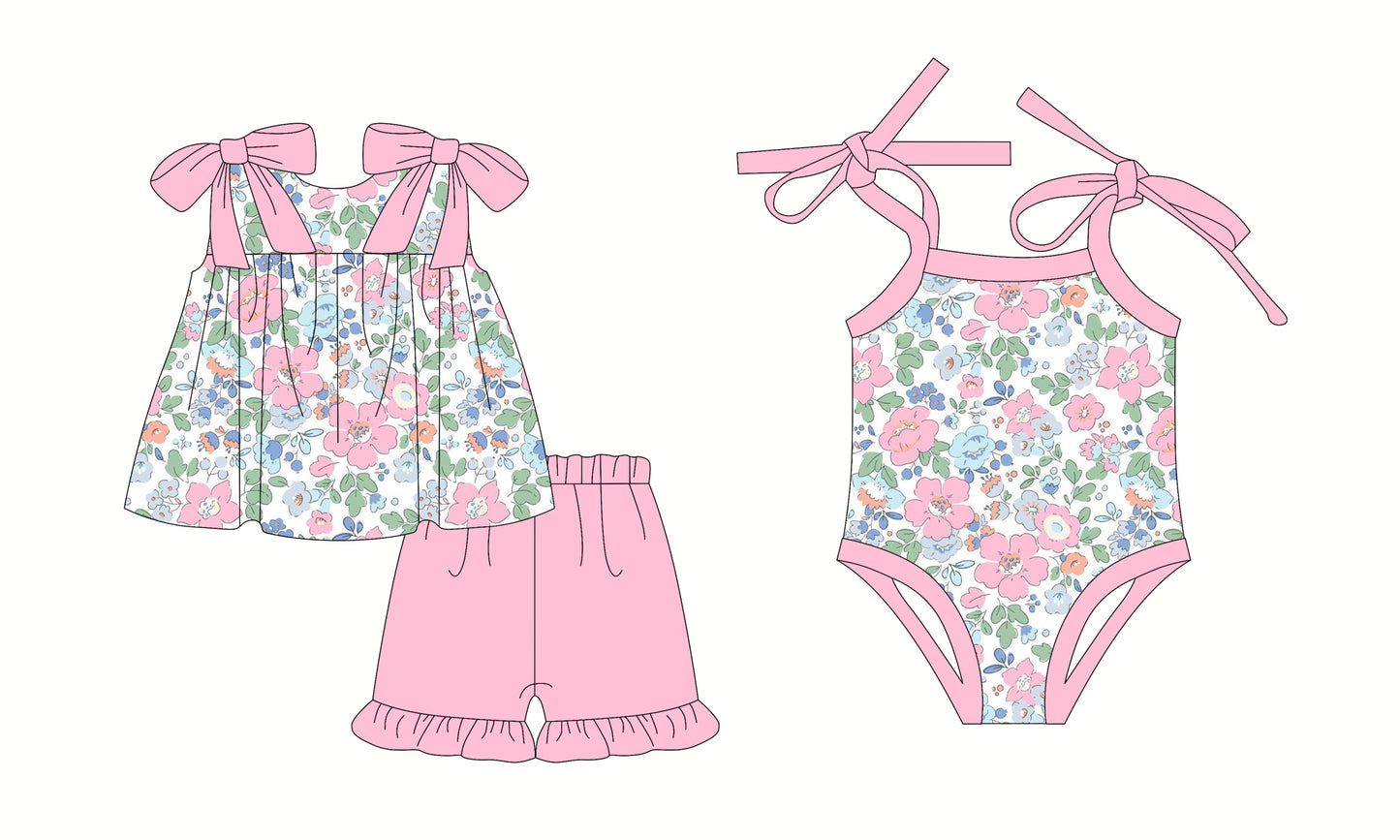 2.28 custom each style moq 5eta 4-6week Sibling Sister floral baby girl short sleeve shorts sets and romper match design