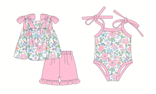 2.28 custom each style moq 5eta 4-6week Sibling Sister floral baby girl short sleeve shorts sets and romper match design