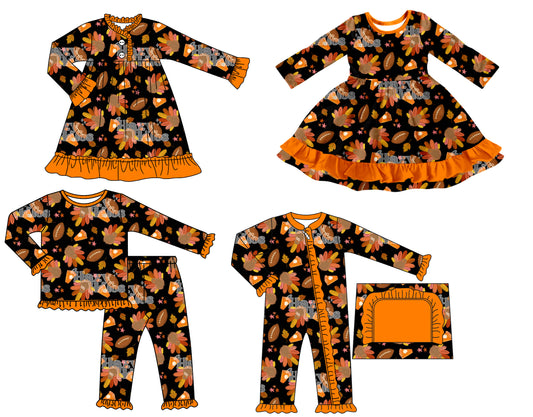 25.7.15 custom each style moq 5 eta 4-6week Sibling Sisters halloween turkey baby girl long sleeve pants sets and romper and dress 1 and dress 2 match family design