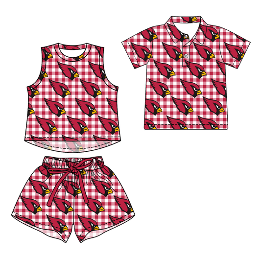 Custom moq 5 mix size milk silk summer teams Girls Red  Checked Top And Drawstring Short Sets Boys Checked Short Sleeve Button Polo Shirt Top