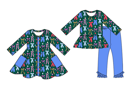 25.8.13 custom each style moq 5eta 4-6week Sibling Sisters Christmas bow baby girl long sleeve pants sets and dress match family design