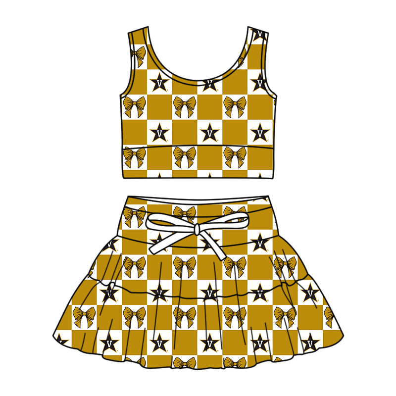 Custom moq 3 or 5 mix size milk silk summer teams baby girl clothes bow khaki sleeveless skirts sets-26.1.20