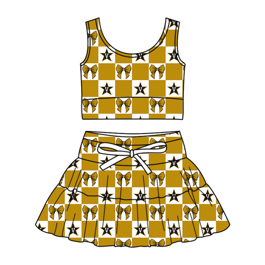 Custom moq 3 or 5 mix size milk silk summer teams baby girl clothes bow khaki sleeveless skirts sets-26.1.20