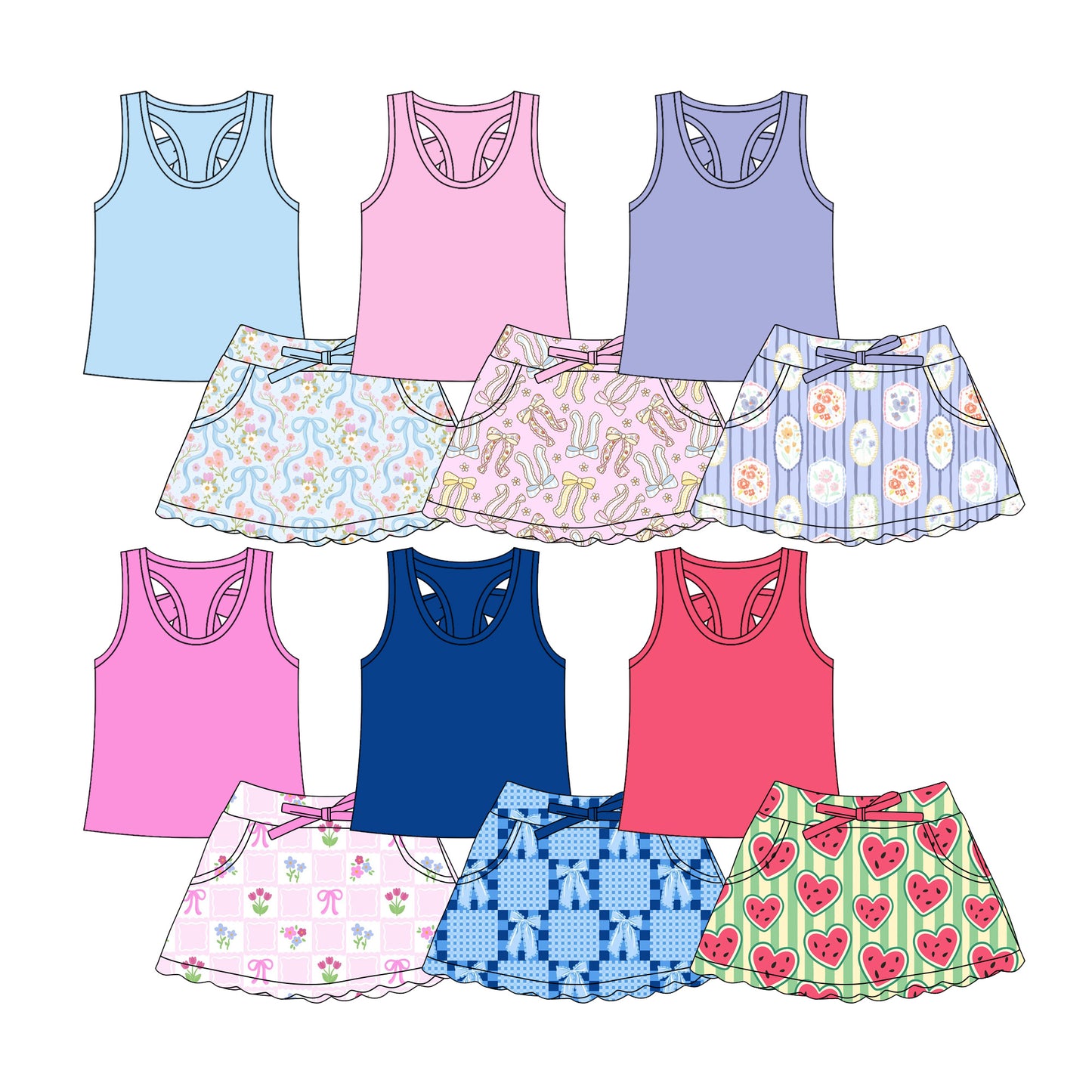 Custom moq 5 mix size Sibling Baby Girls Solid Color Top And Printed Skirt Set Yoga Outfit Two-Piece Set for Toddlers