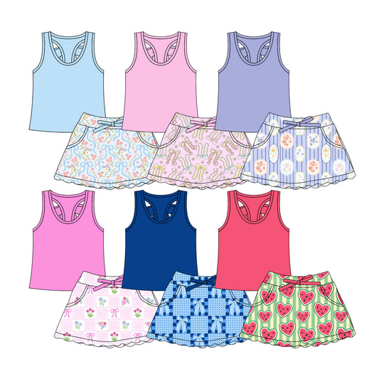 Custom moq 5 mix size Sibling Baby Girls Solid Color Top And Printed Skirt Set Yoga Outfit Two-Piece Set for Toddlers