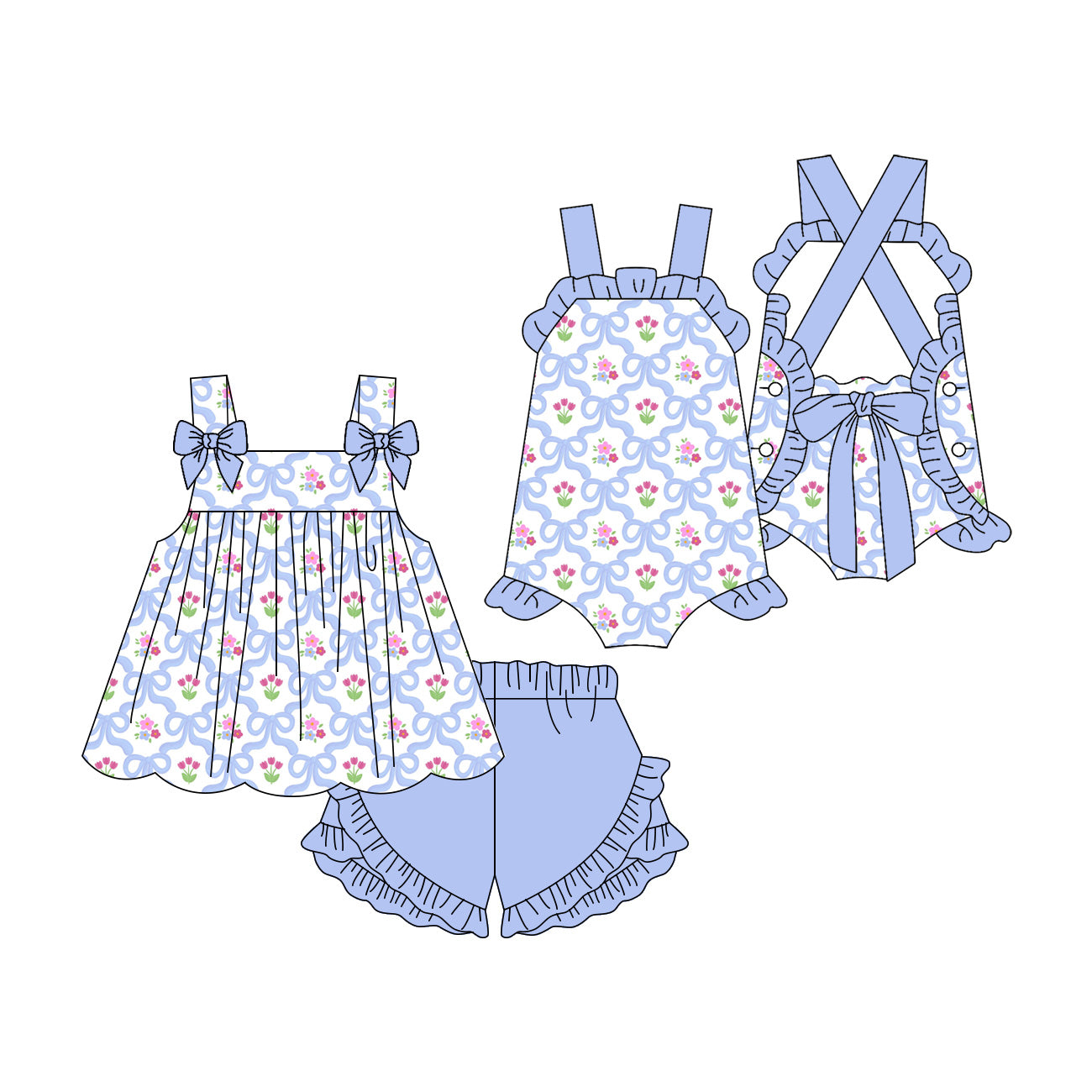 3.17 Custom moq 5 mix size Sibling Baby Girl's Bows Sleeveless Top And Blue Ruffle Short Set Cute Romper for Summer