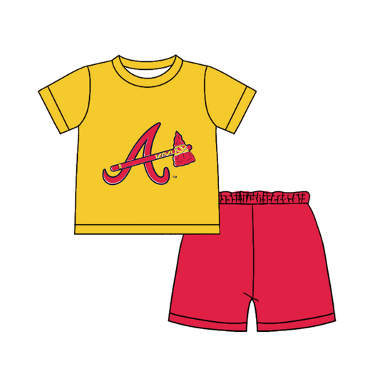 Custom moq 5 mix size milk silk summer teams Baby Boy's yellow Short-Sleeved O-Neck Top And solid color Shorts Set