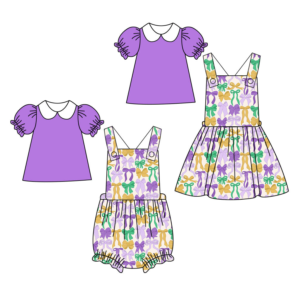 25.10.14 custom each style moq 5 eta 6-8week Sibling Sisters mardi gras bow baby girl short sleeve top and rompers and dress match family design