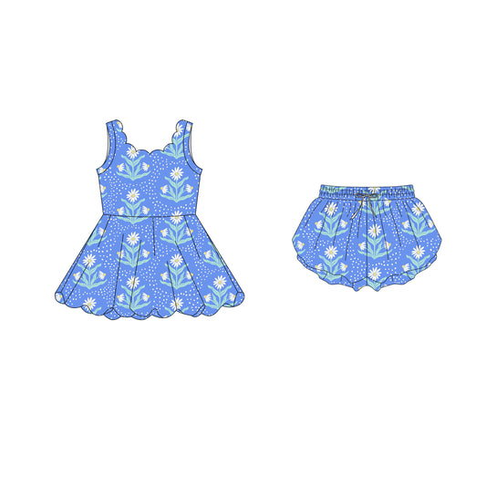 4.15 custom each style moq 5eta 4-6week Sibling Sister floral blue baby girls clothes Short sleeve yoga dress and shorts match family design