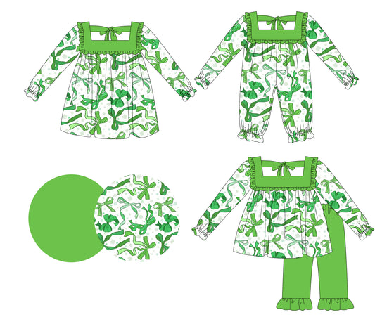 25.9.4 custom each style moq 5eta 4-6week Sibling Sisters bow green baby girl long sleeve pants sets and dress and rompers match family design
