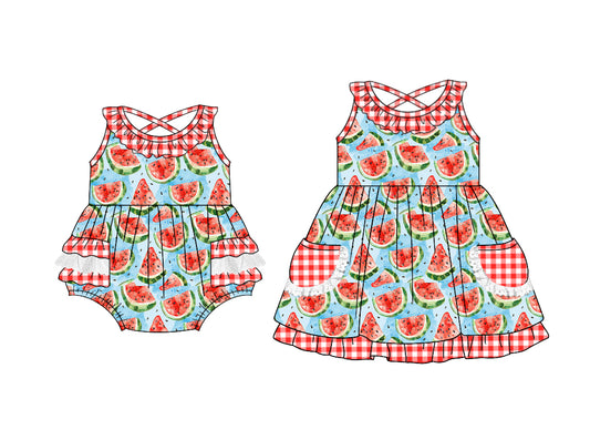 3.11 custom each style moq 5eta 4-6week Sibling Sister watermelon baby girl short sleeve dress and rompers match family design