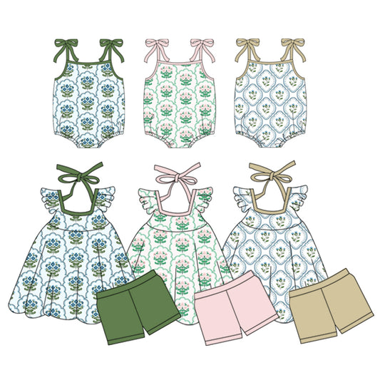 Custom moq 5 mix size Sibling Baby Girl Floral Print Flutter Sleeve Top And Shorts Set Cute Sleeveless Romper Outfit for Little Ones
