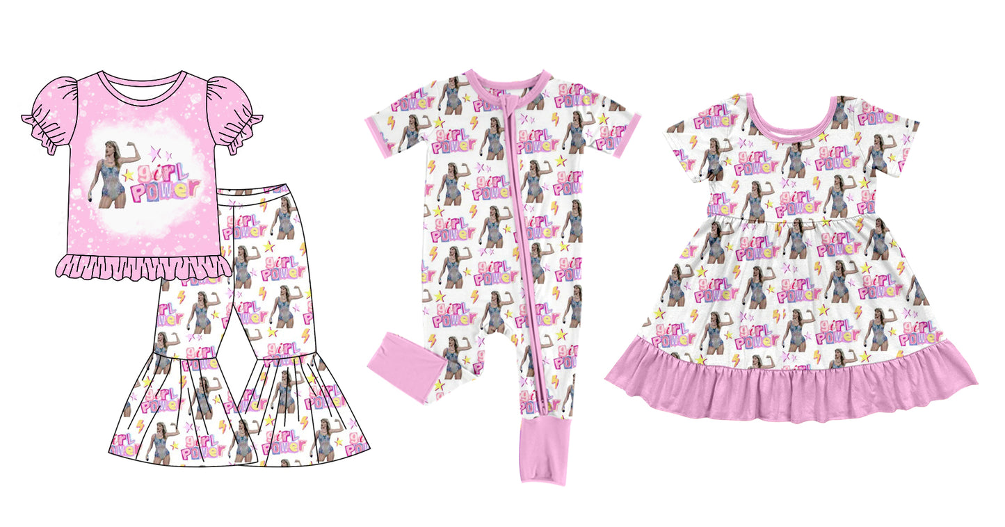 12.7 custom each style moq 5eta 4-6week Sibling Sister GIRL POWER baby girl sets and dress and rompers match family design