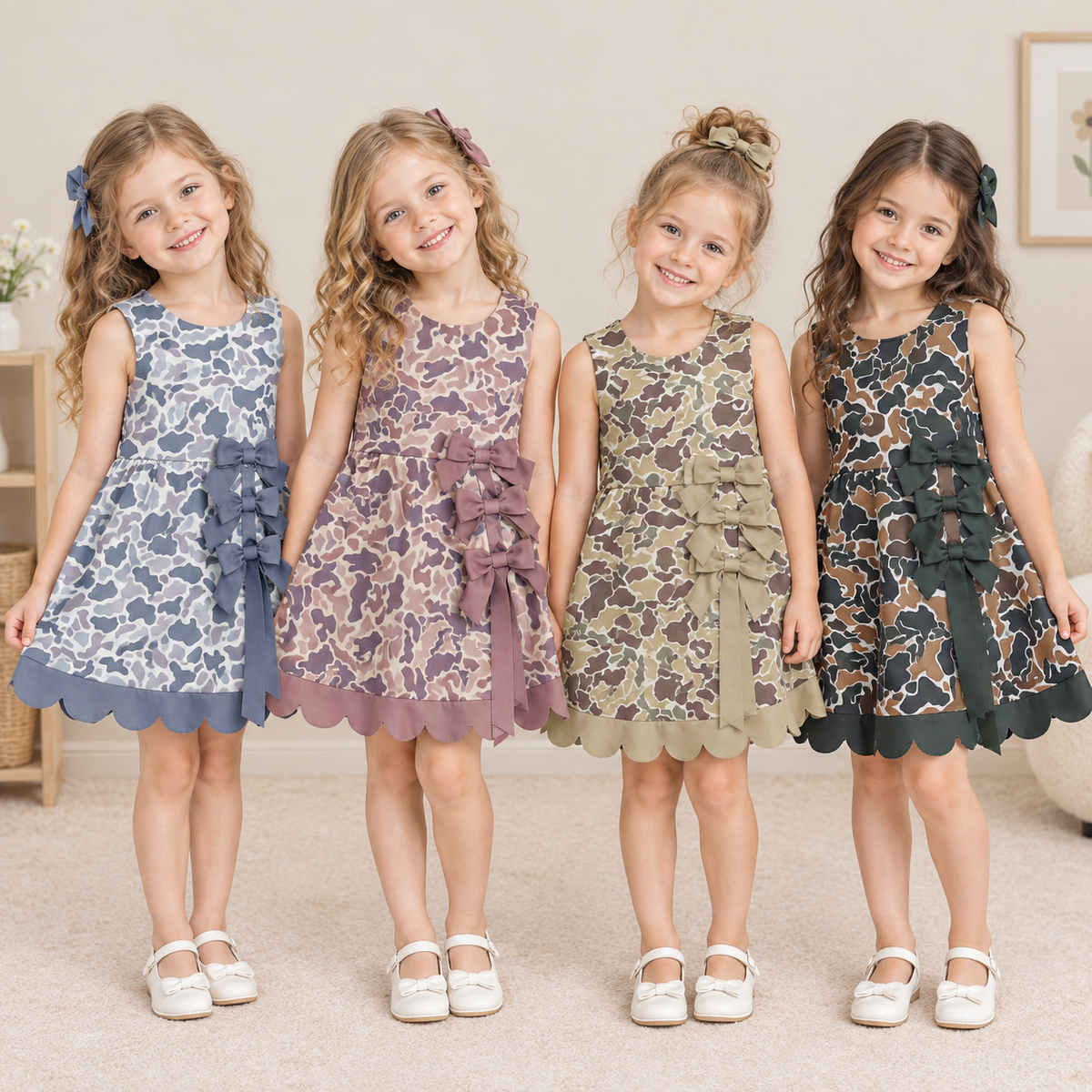RTS NO MOQ Sibling yoga fabric Baby Girls Camo Yoga Scallop Bows Sleeveless Short Knee Length Dress