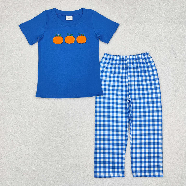 RTS NO MOQ Sibling Baby boy clothes Halloween embrodiery short-sleeved trousers suits