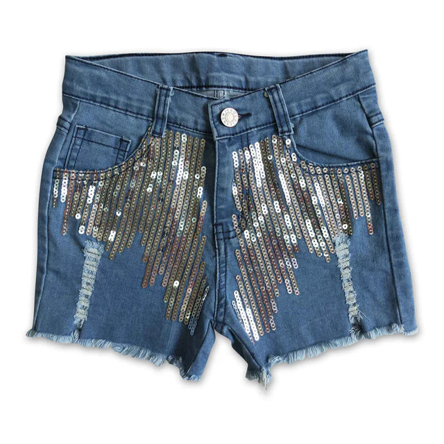 RTS NO MOQ Sibling Baby Girls sequin black denim shorts