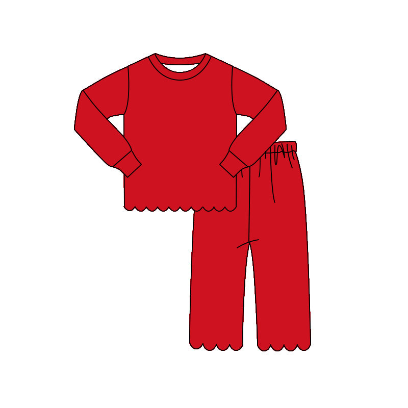(Pre Order) No moq GLP2964 Baby Girls Red Scallop Trim Long Sleeve Top And Pants Two Piece Pajama Set