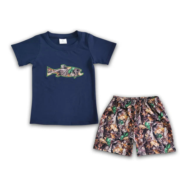 BSSO0010 Baby boys summer camo fish shorts sets(embroidered)