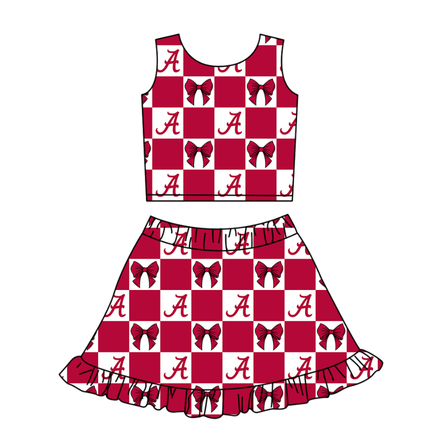 Custom moq 3 or 5 mix size milk silk summer teams baby girl clothes bow red sleeveless skirts sets