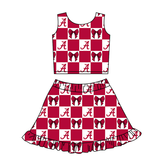 Custom moq 3 or 5 mix size milk silk summer teams baby girl clothes bow red sleeveless skirts sets