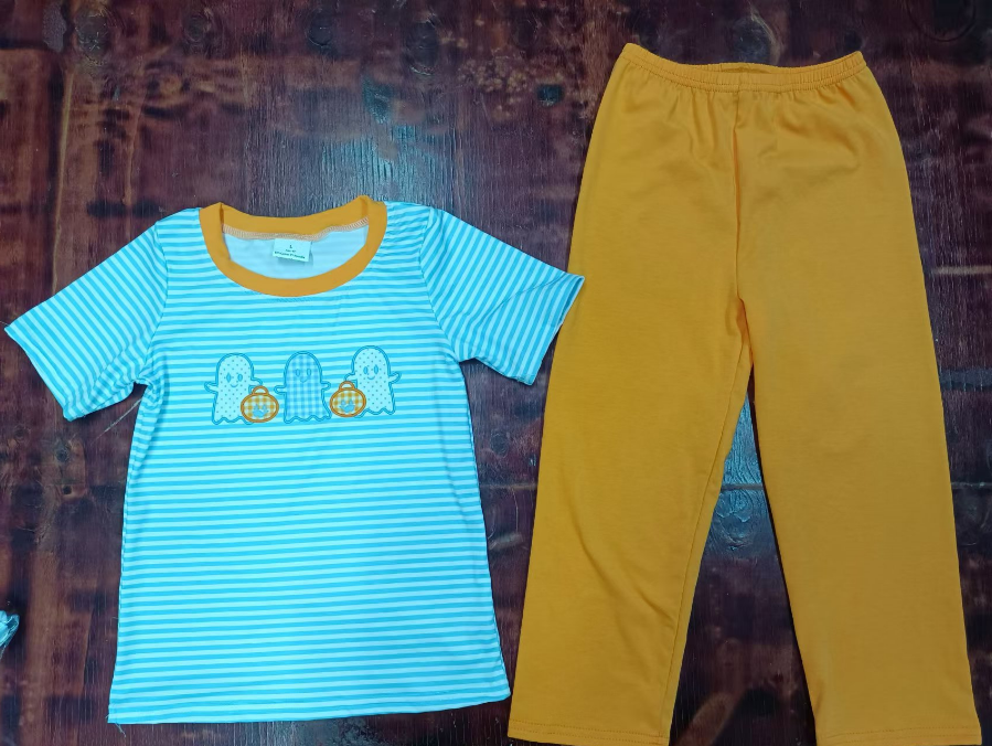 Custom moq 3 eta 6-7weeks  Sky blue embroidered villain striped short-sleeved shirt and khaki trousers suit