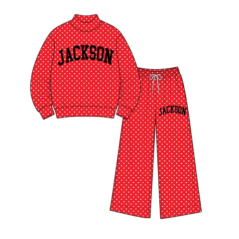 custom moq 5 mix size BYTR0103 Adult High Neck Team Polka Dot Sweatshirt Drawstring Wide Leg Pants Set